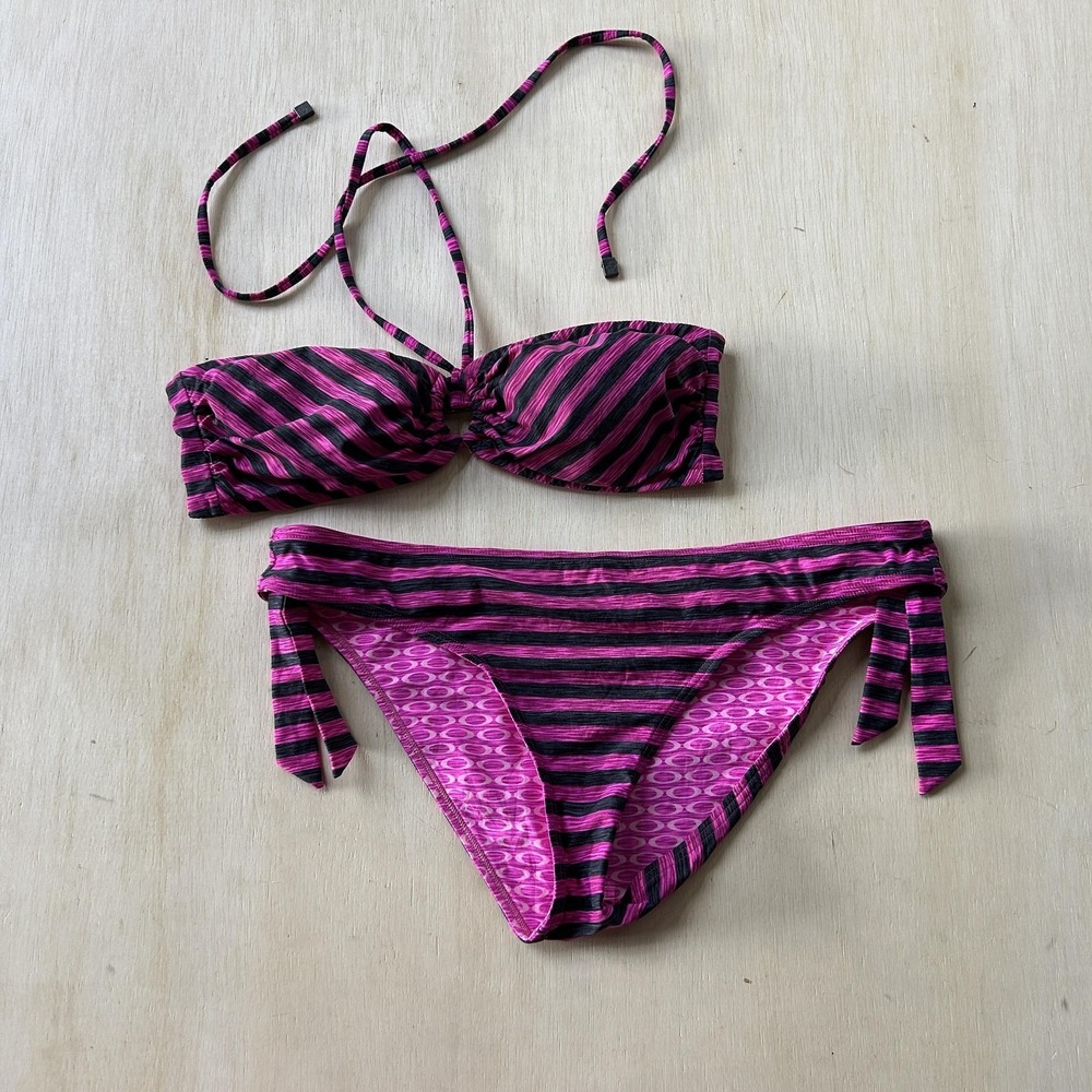 Oakley Bikini Swimsuit Womens Med Pink Black Striped Bandeau Halter Two Piece